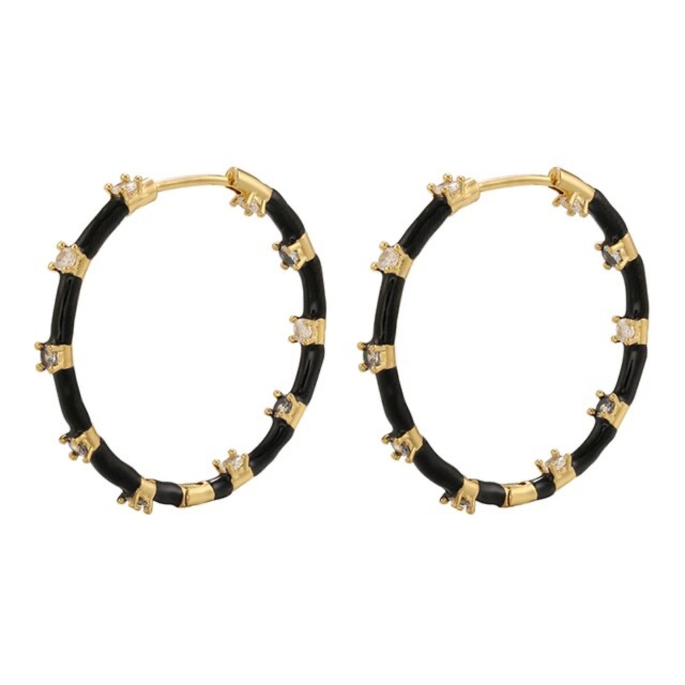 Goldtone  and Black Hoop Earrings with Accent Stones - Women Jewelry